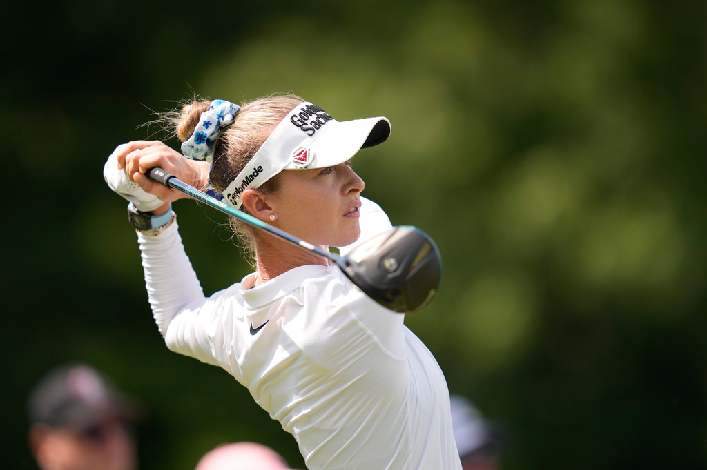 Nelly Korda hits hits on the 13th hole during the first round of the LPGA FM Championship golf tournament in Norton, Mass., Thursday, Aug. 27, 2026. (AP Photo/Charles Krupa)