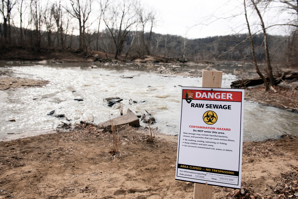 FILE - A warning sign is seen at the sight of a massive pipe rupture, as sewage flows into the Potomac River, right, in Glen Echo, Md., Jan. 23, 2026. (AP Photo/Cliff Owen, FiLe)