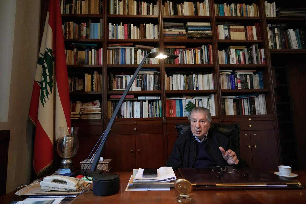Former Lebanese President Amin Gemayel speaks during an interview with the Associated Press, in Bikfaya, Lebanon, Wednesday, April 29, 2026. (AP Photo/Hussein Malla)
