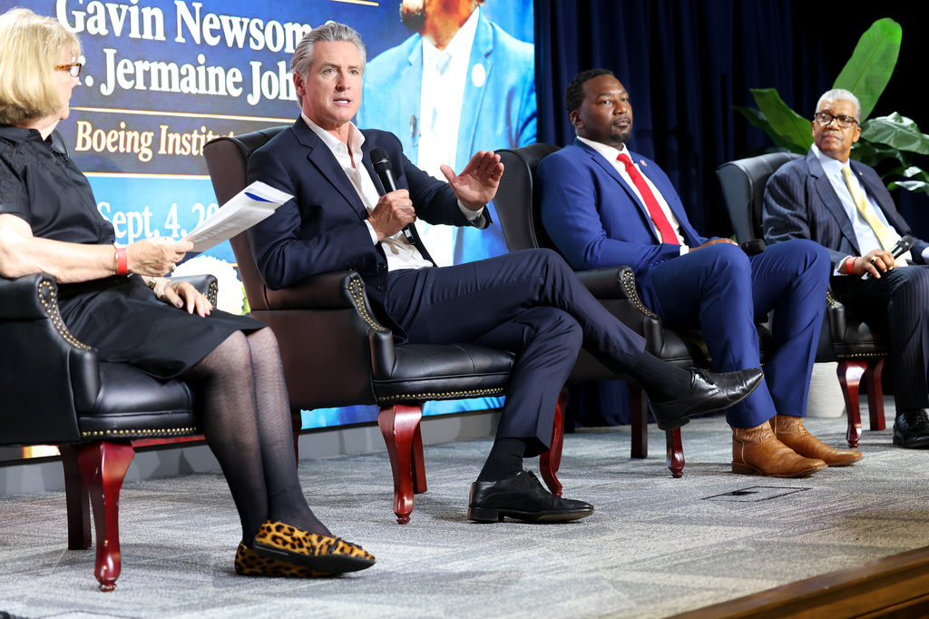California Gov. Gavin Newsom speaks during a fireside chat at Allen University, Friday, Sept. 4, 2026, in Columbia, S.C. (AP Photo/Mic Smith)