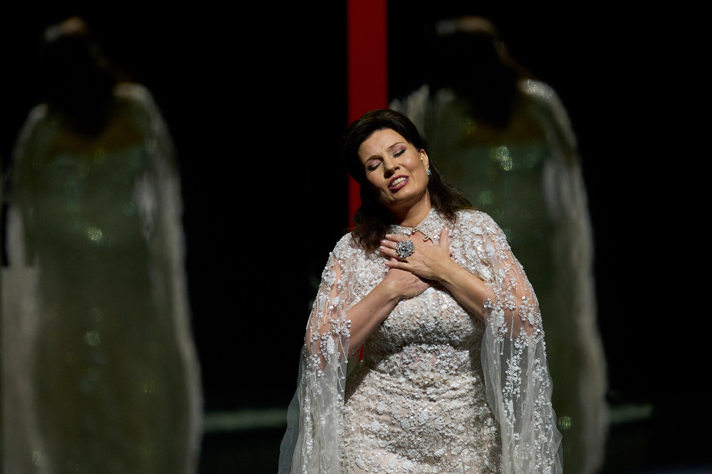 Soprano Marina Rebeka performs after receiving the Readers' award at the International Opera Awards, held at the Greek National Opera, in Athens, Thursday, Nov. 13, 2025. (AP Photo/Petros Giannakouris)
