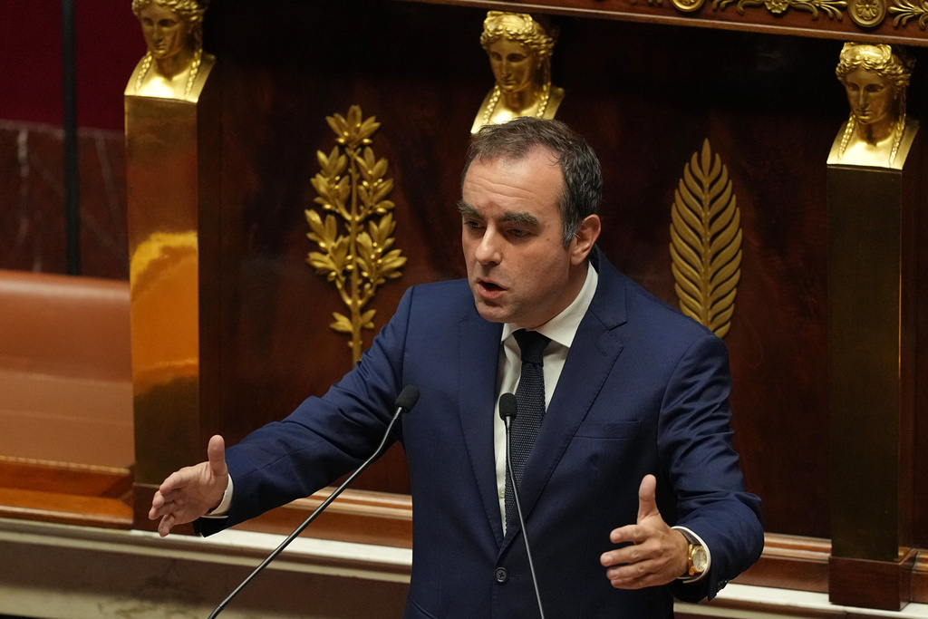 French Prime Minister Sebastien Lecornu delivers his speech before a no-confidence vote, Thursday, Oct. 16, 2025 at the National Assembly in Paris. (AP Photo/Thibault Camus)