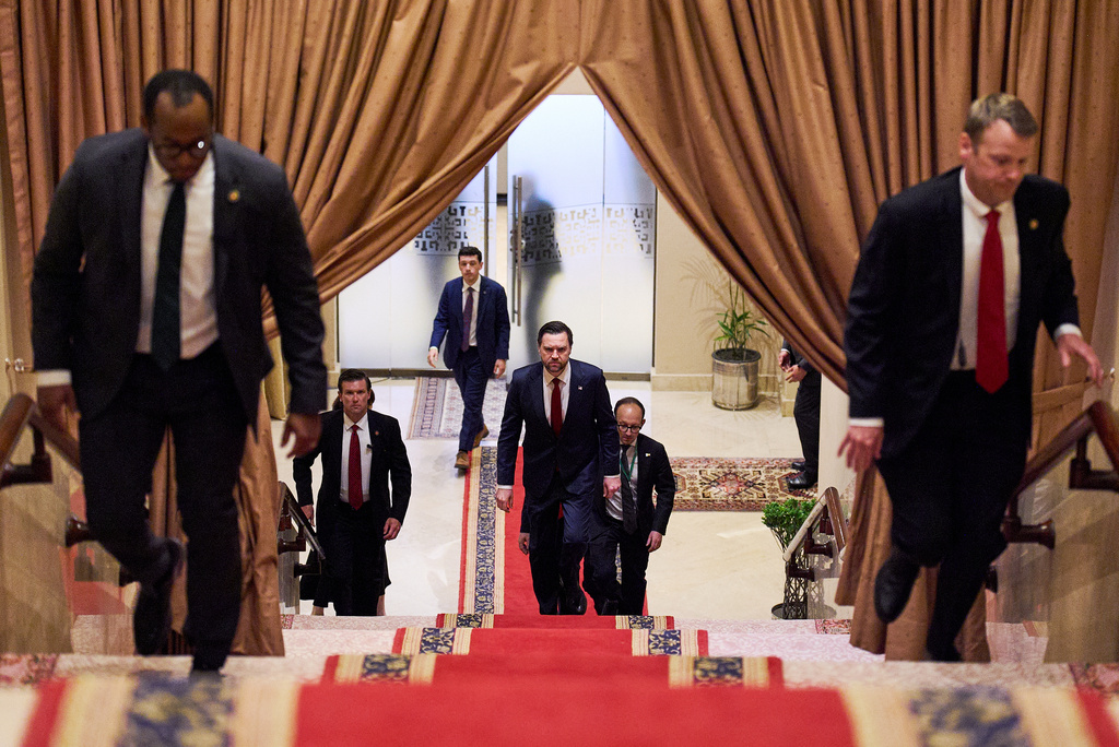 FILE - U.S. Vice President JD Vance, center, walks up a flight of stairs to meet with Pakistan's Prime Minister Shehbaz Sharif, Saturday, April 11, 2026, in Islamabad, for talks about Iran. (AP Photo/Jacquelyn Martin, pool, File)