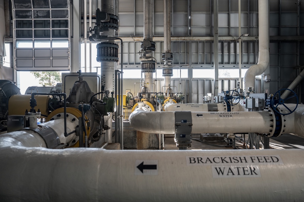 Pipes carrying brackish feed water run through the Carlsbad desalination plant in Carlsbad, Calif., Tuesday, Dec. 2, 2025. (AP Photo/Annika Hammerschlag)