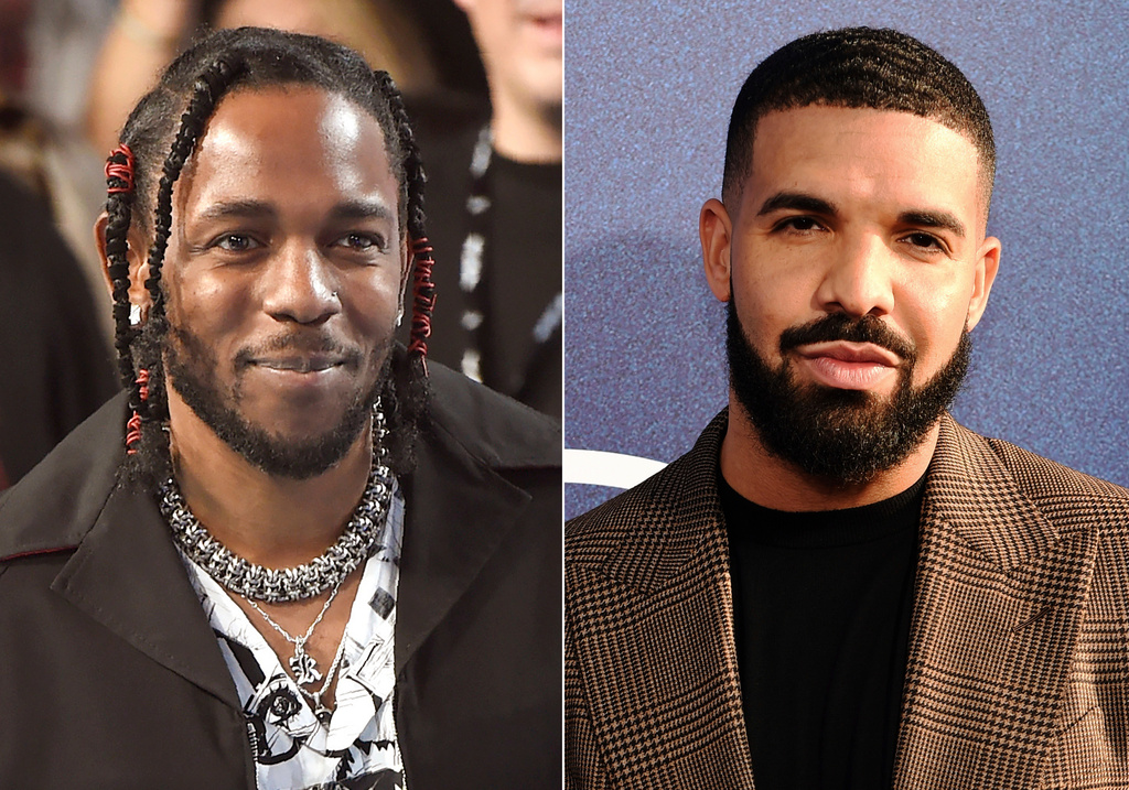 FILE - In this combination of images, Kendrick Lamar, left, appears at the MTV Video Music Awards on Aug. 27, 2017, in Inglewood, Calif., and Drake, right, appears at the premiere of the series "Euphoria," in Los Angeles on June 4, 2019. (AP Photos/Chris Pizzello, File)