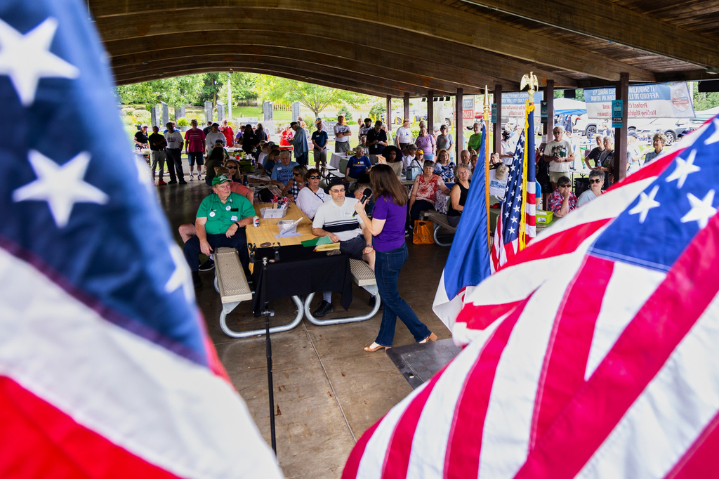 Christina Bohannan, Democratic candidate for U.S. House, speaks during the Scott County Democrats Annual Family Picnic, in Bettendorf, Iowa, Sunday, Aug. 16, 2026. (AP Photo/Joseph Cress)