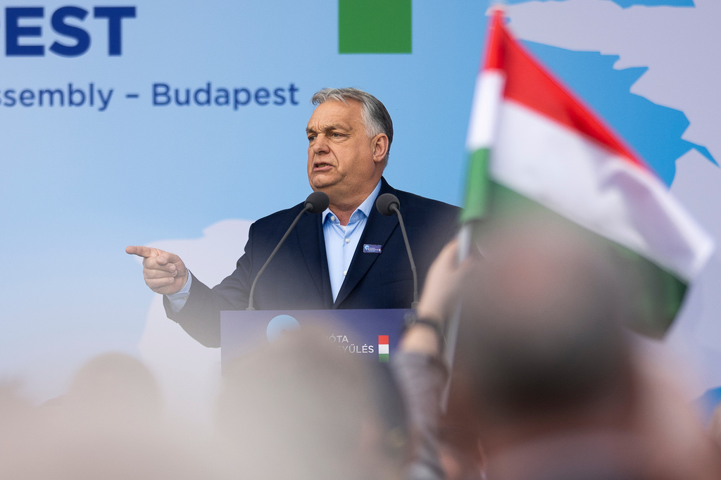 Hungarian Prime Minister Viktor Orbán speaks during an assembly of European far-right parties with Orbán’s Patriots for Europe group, in Budapest, Hungary, Monday, March 23, 2026. (AP Photo/Denes Erdos)