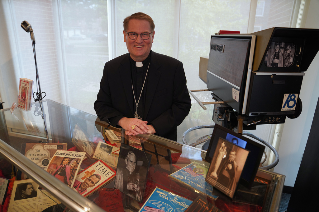 Bishop Louis Tylka of the Diocese of Peoria stands for a portrait at the Sheen museum in Peoria, Ill., on July 16, 2026. (AP Photo/Jessie Wardarski)