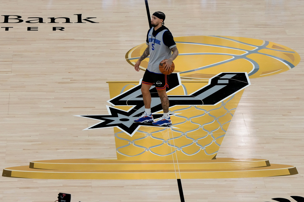 New York Knicks guard Jose Alvarado stands on the court during a workout prior to the start of the NBA Finals basketball series against the San Antonio Spurs, Tuesday, June 2, 2026, in San Antonio. (AP Photo/David J. Phillip)