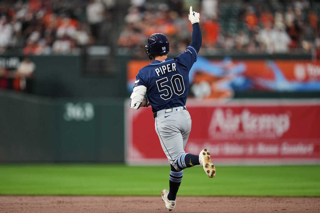 Tampa Bay Rays' Kenny Piper (50) rounds the bases after hitting a two-run home run during the second inning of a baseball game against the Baltimore Orioles, Friday, Aug. 21, 2026, in Baltimore. (AP Photo/Stephanie Scarbrough)