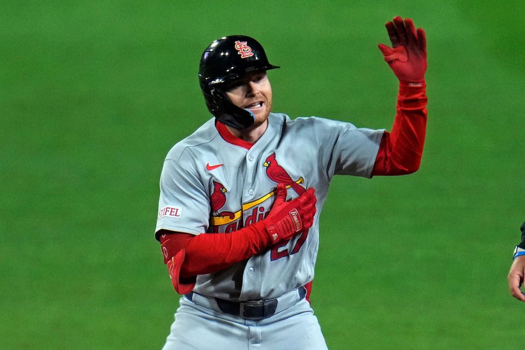 St. Louis Cardinals' Nathan Church celebrates as he stands on second base after hitting a double off Pittsburgh Pirates pitcher Jared Jones during the sixth inning of a baseball game in Pittsburgh, Tuesday, Sept. 22, 2026. (AP Photo/Gene J. Puskar)