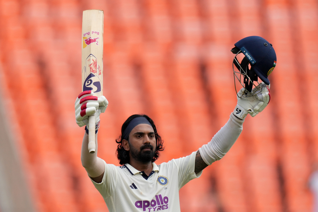 India's KL Rahul celebrates after scoring a century on the second day of the first Test cricket match between India and West Indies at Narendra Modi Stadium in Ahmedabad, India, Friday, Oct. 3, 2025. (AP Photo/Ajit Solanki)