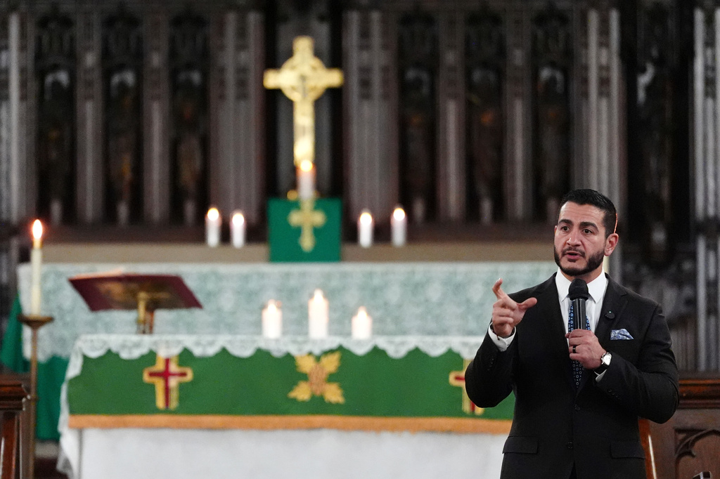 Abdul El-Sayed, a progressive candidate in the Democratic primary for U.S. Senate in Michigan, speaks during a service at Church of the Messiah, Sunday, Aug. 2, 2026, in Detroit. (AP Photo/Julia Demaree Nikhinson)