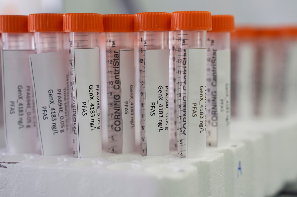 FILE - Vials containing PFAS samples sit in a tray April 10, 2024, at a U.S. Environmental Protection Agency lab in Cincinnati. (AP Photo/Joshua A. Bickel, File)