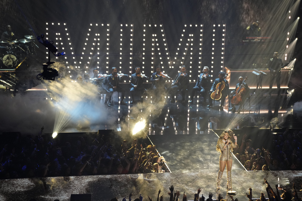 Mariah Carey performs a medley during the MTV Video Music Awards on Sunday, Sept. 7, 2025, at UBS Arena in Elmont, N.Y. (Photo by Charles Sykes/Invision/AP)