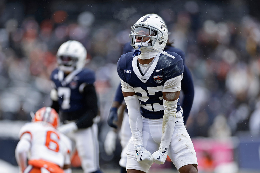 Penn State cornerback Jahmir Joseph reacts after making a tackle during the first half of the Pinstripe Bowl NCAA college football game against Clemson at Yankee Stadium Saturday, Dec. 27, 2025, in New York. (AP Photo/Adam Hunger)