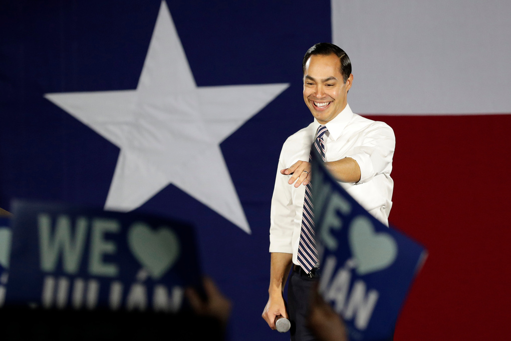 FILE - Former Secretary of Housing and Urban Development Julian Castro speaks during a town hall for Democratic presidential candidate Sen. Elizabeth Warren in San Antonio, Thursday, Feb. 27, 2020. (AP Photo/Eric Gay, File)