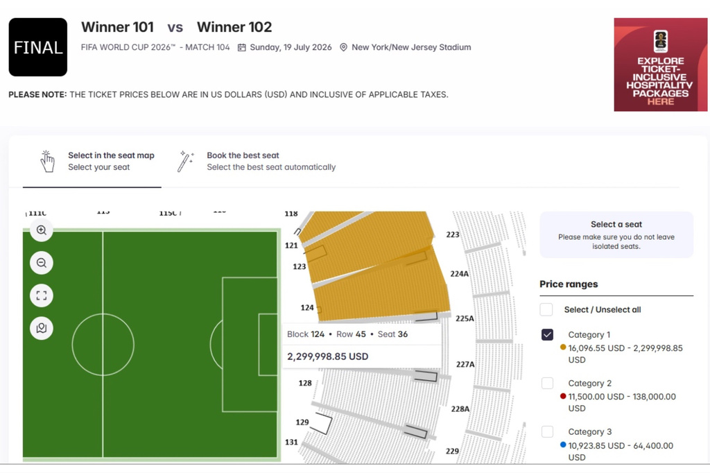 This image from the FIFA Resale/Exchange Marketplace website, Thursday, April 23, 2026, shows the resale asking price for a ticket to the World Cup final soccer match on Sunday, July 26, 2026. (FIFA via AP)