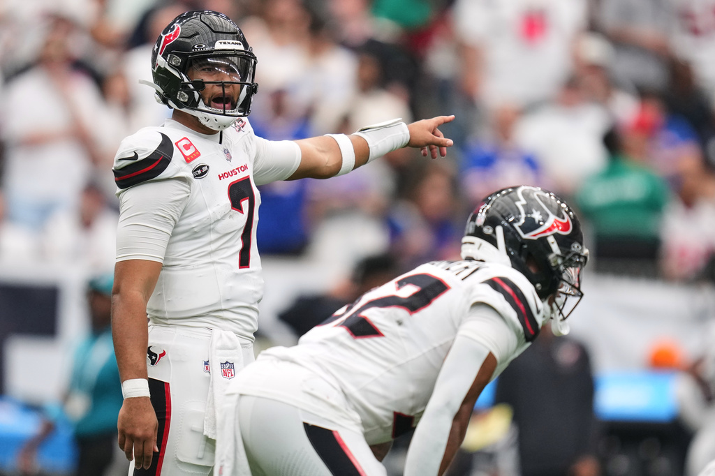 Houston Texans quarterback C.J. Stroud (7) calls the play during the second half of an NFL football game against the Buffalo Bills, Sunday, Sept. 13, 2026, in Houston. (AP Photo/Eric Christian Smith)