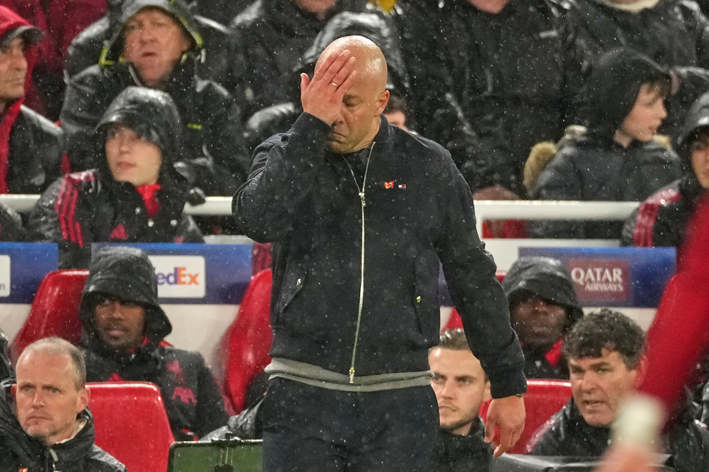 FILE - Liverpool's manager Arne Slot reacts on the touchline during the Champions League quarterfinal second leg soccer match between Liverpool and Paris Saint-Germain in Liverpool, England, Tuesday, April 14, 2026. (AP Photo/Dave Shopland, File)