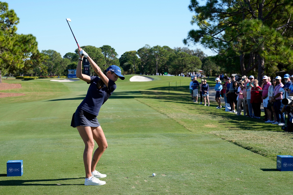 Kai Trump, granddaughter of President Donald Trump, tees off on the 15th hole during the first round of The Annika LPGA golf tournament Thursday, Nov. 13, 2025, in Belleair, Fla. (AP Photo/Chris O'Meara)