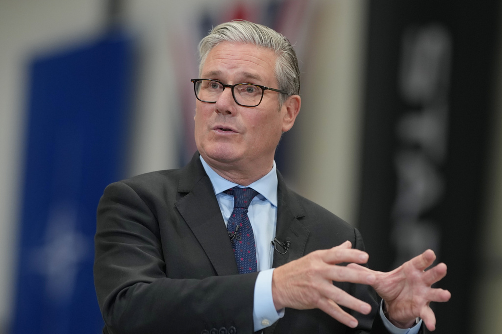 Britain's Prime Minister Keir Starmer speaks as he visits STARK, a leading defence tech company in Swindon, England, Friday, June 5, 2026. (AP Photo/Alastair Grant, Pool)