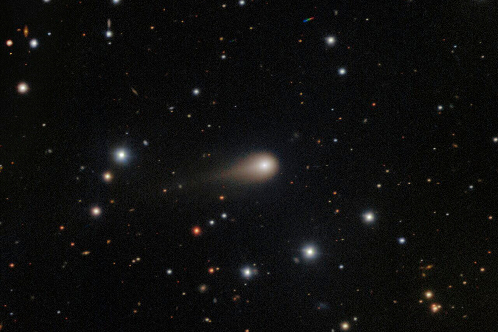 This image composed from multiple exposures and provided by NSF's NOIRLab shows a comet streaking across a star field above the International Gemini Observatory on Cerro Pachon, near La Serena, Chile. (NSF's NoirLab via AP)