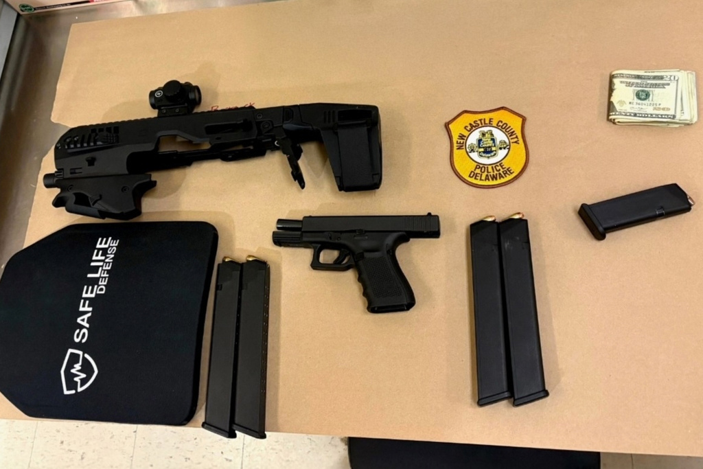 This photo provided by the New Castle County Police Department Wednesday, Dec. 3, 2025, shows items belonging to Luqmaan Khan after being seized by New Castle County police. (New Castle County Police Department via AP)