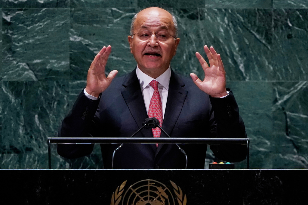 FILE - Barham Salih, President of Iraq addresses the 76th Session of the U.N. General Assembly at United Nations headquarters in New York, on Sept. 23, 2021. (Timothy A. Clary/Pool Photo via AP, File)
