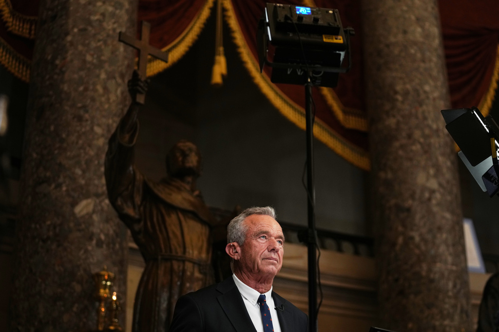 Health and Human Services Secretary Robert F. Kennedy Jr. gives an interview following President Donald Trump's State of the Union address to a joint session of Congress in the House chamber at the U.S. Capitol in Washington, Tuesday, Feb. 24, 2026. (AP Photo/Allison Robbert)