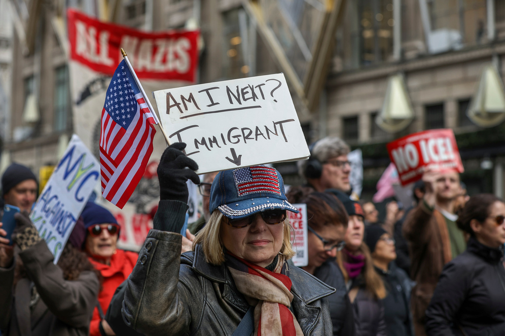 FILE - Demonstrators march down Fifth Avenue during a protest against war in Venezuela and Immigration and Customs Enforcement, Jan. 11, 2026, in New York. (AP Photo/Heather Khalifa, File)