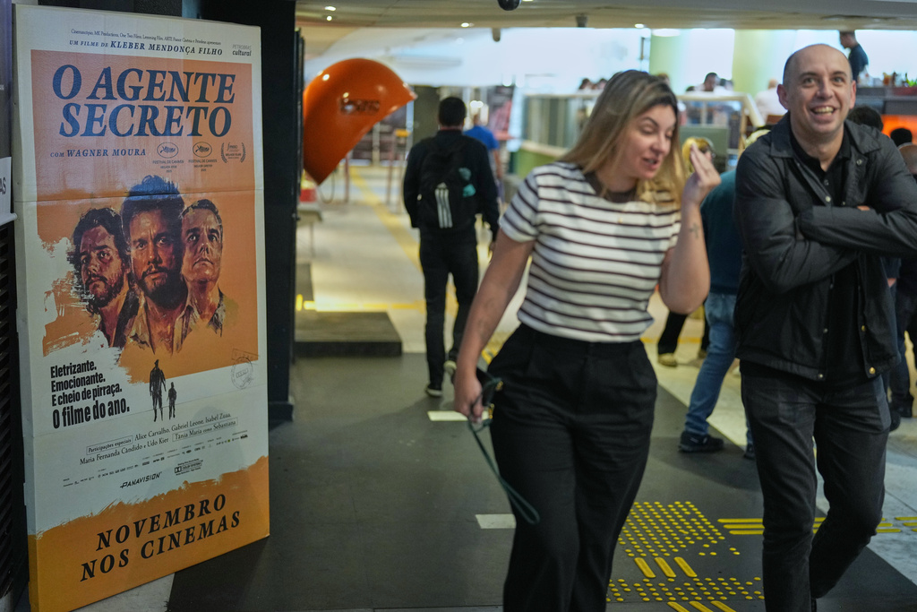 A billboard promoting the Oscar-nominated film The Secret Agent is displayed outside a movie theater in Sao Paulo, Thursday, Jan. 22, 2026. (AP Photo/Andre Penner)