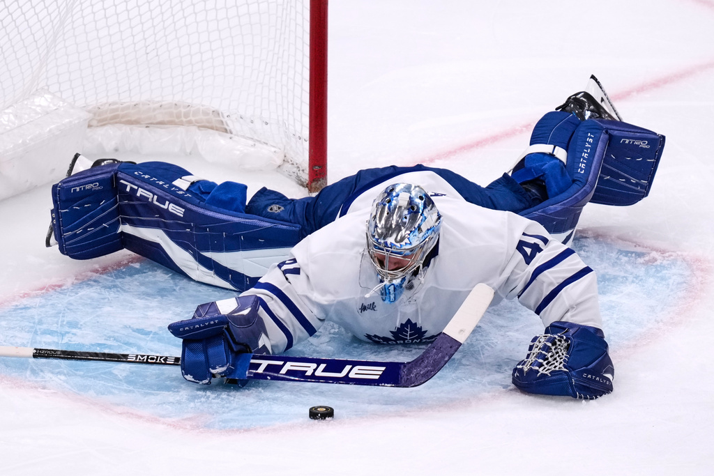 Toronto Maple Leafs goaltender Anthony Stolarz (41) makes a save against the Boston Bruins during the second period of an NHL hockey game, Tuesday, March 24, 2026, in Boston. (AP Photo/Charles Krupa)