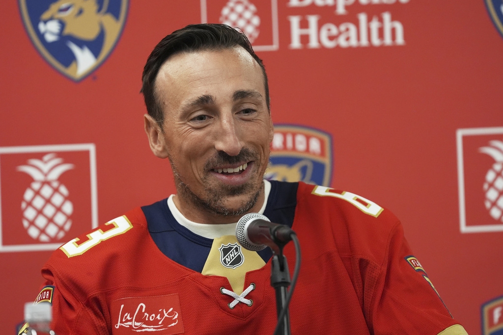 Florida Panthers forward Brad Marchand speaks during the NHL hockey team's media day, Wednesday, Sept. 17, 2025, in Fort Lauderdale, Fla. (AP Photo/Marta Lavandier)