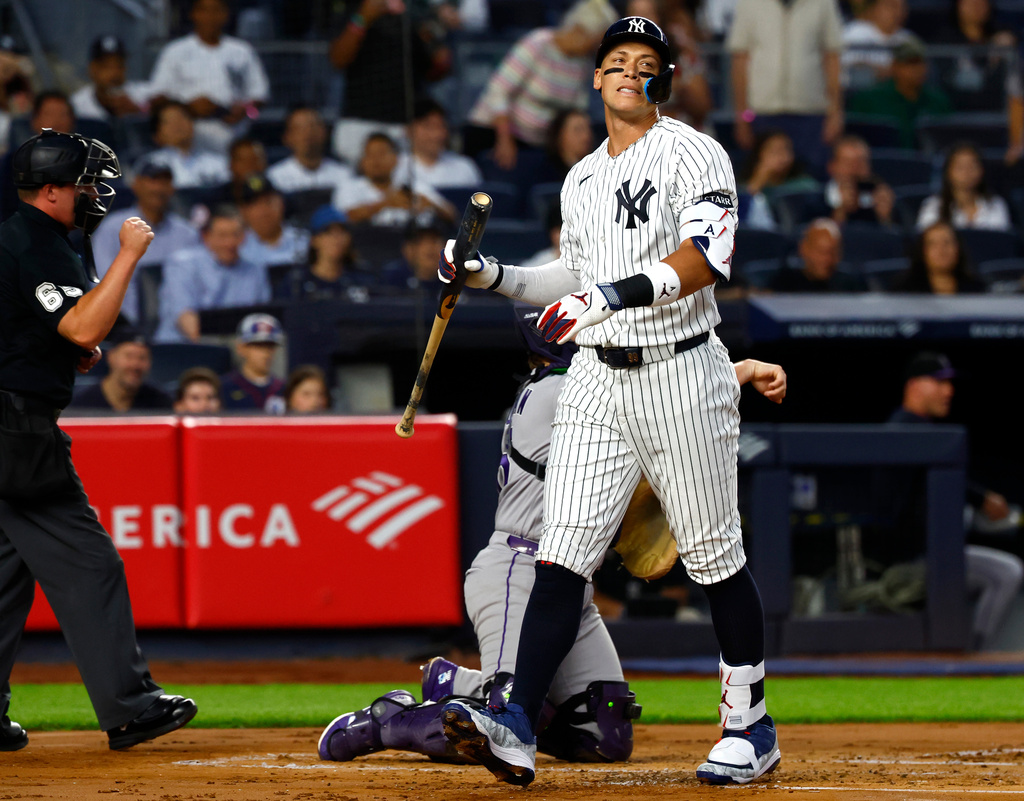 New York Yankees' Aaron Judge reacts after striking out during the first inning of a baseball game against the Colorado Rockies', Tuesday, Sept. 8, 2026, in New York. (AP Photo/Noah K. Murray)