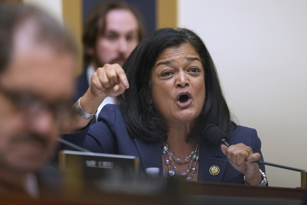 Rep. Pramila Jayapal, D-Wash., speaks with FBI Director Kash Patel as he appears before the House Judiciary Committee, on Capitol Hill in Washington, Wednesday, Sept. 17, 2025. (AP Photo/Mark Schiefelbein)