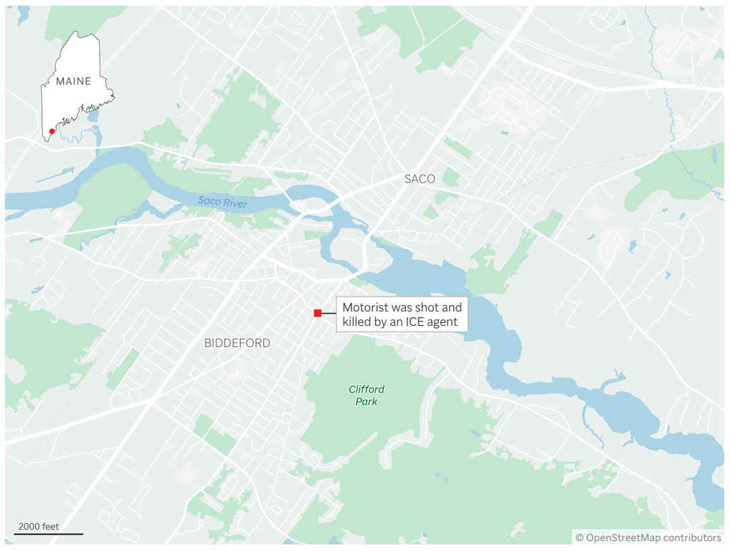 Map showing where an ICE agent shot and killed a motorist in Maine. (AP Digital Embed)