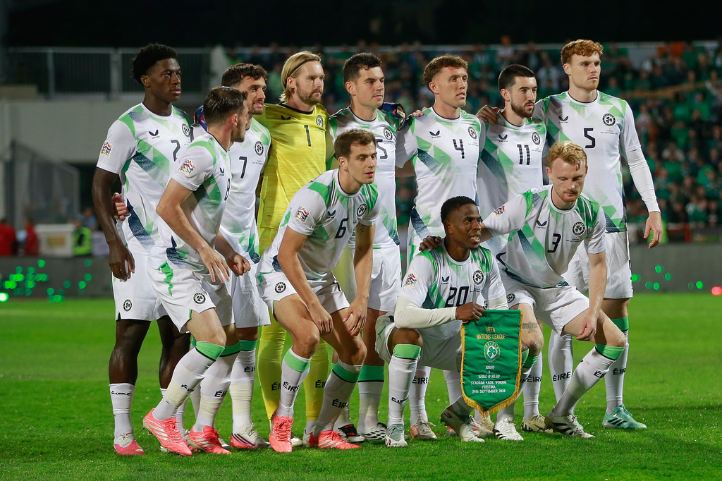 Ireland's players pose for the team picture before the UEFA Nations League soccer match between Kosovo and Ireland in Pristina, Kosovo, Thursday, Sept. 24, 2026. (AP Photo/Visar Kryeziu)