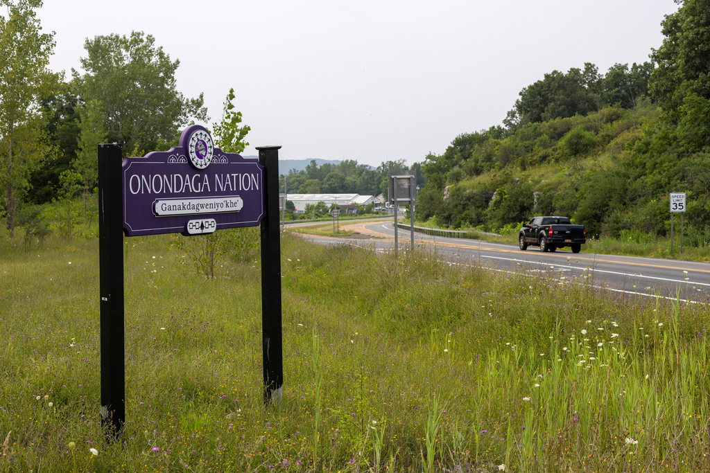 FILE - A sign informs drivers of the Onondaga Nation territory's boundaries, Aug. 3, 2023, in central New York. (AP Photo/Lauren Petracca, File)