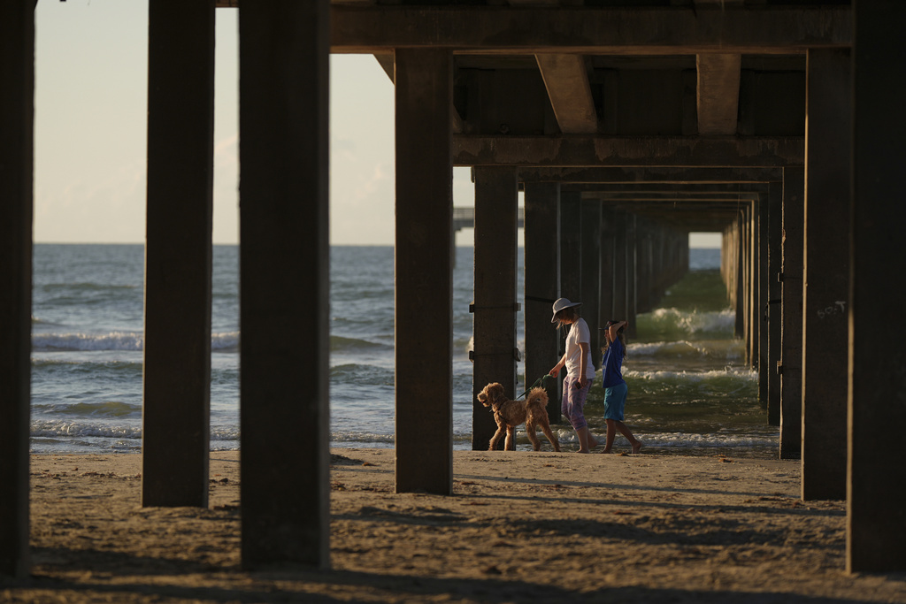 FILE - A woman walks her dog along the beach as the sun rises in Port Aransas, Aug. 12, 2025. (AP Photo/Eric Gay, File)