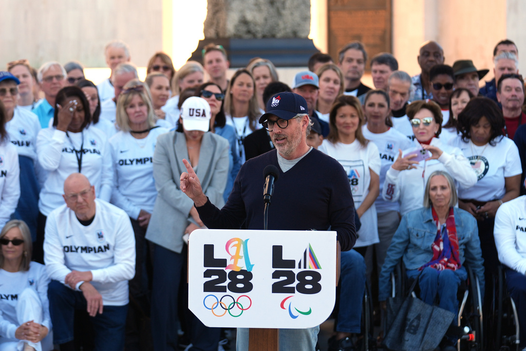 Casey Wasserman, LA28 Chairperson and President, speaks at the Los Angeles Memorial Coliseum ahead of the launch for ticket registration to the 2028 Summer Olympic Games Tuesday, Jan. 13, 2026, in Los Angeles. (AP Photo/Damian Dovarganes)