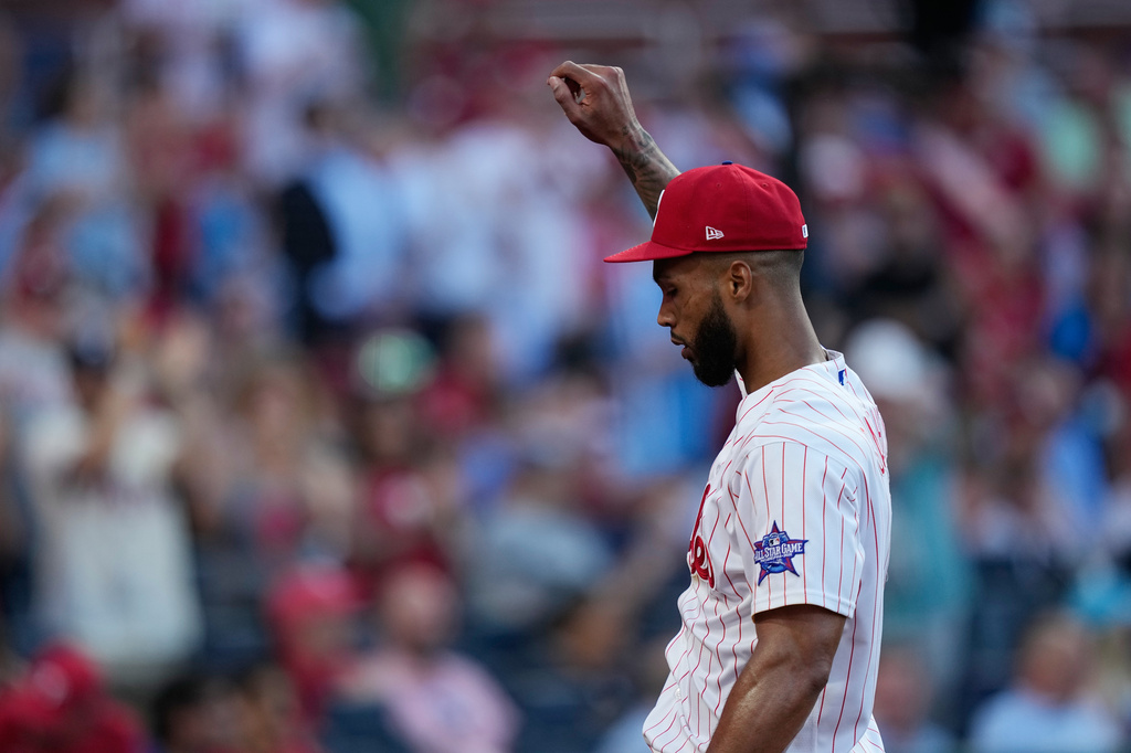 Philadelphia Phillies' Cristopher Sánchez gestures as he walks to the bench after pitching during the during the third inning of a baseball game against the San Diego Padres on Wednesday, June 3, 2026, in Philadelphia. (AP Photo/Matt Slocum)