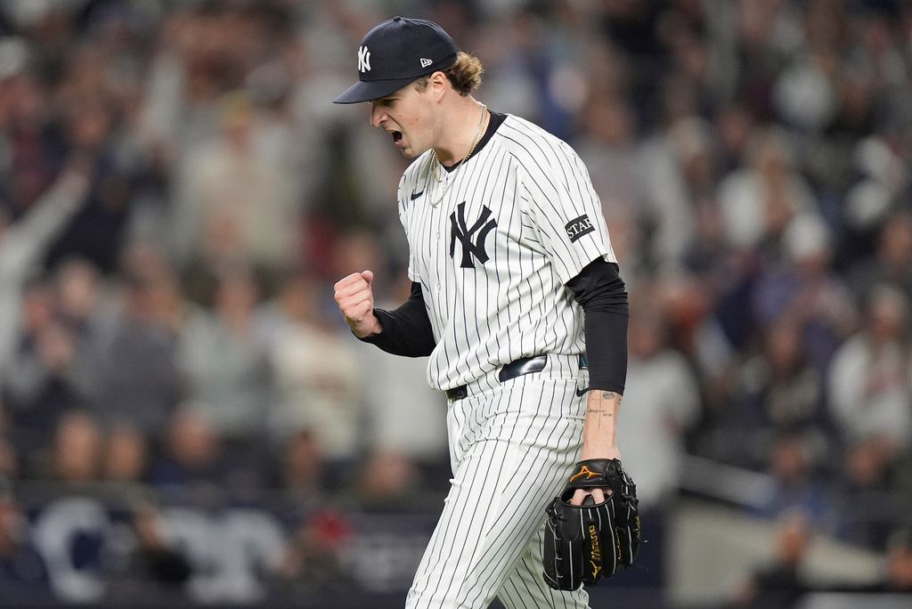 New York Yankees pitcher Cam Schlittler reacts as he walks off the field at the end of the top of the eighth inning of Game 3 of an American League wild-card baseball playoff series against the Boston Red Sox, Thursday, Oct. 2, 2025, in New York. (AP Photo/Frank Franklin II)