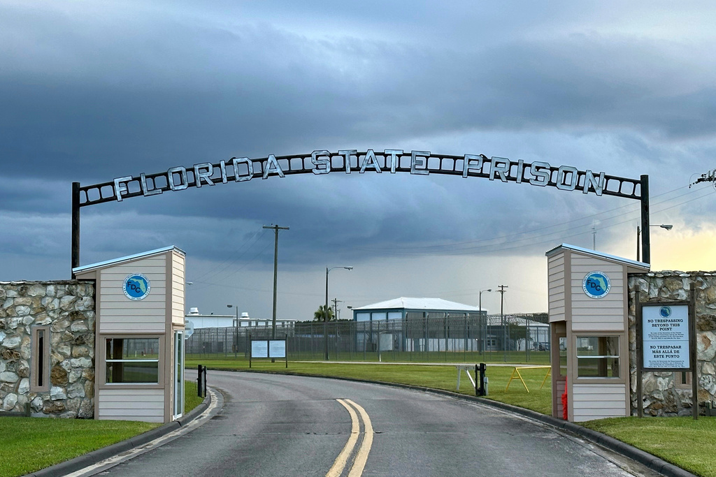 FILE -The entrance to Florida State Prison in Starke, Fla. is shown Thursday, Aug. 3, 2023. (AP Photo/Curt Anderson)