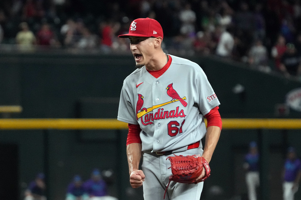 St. Louis Cardinals pitcher Riley O'Brien celebrates after defeating the Arizona Diamondbacks during a baseball game, Friday, July 17, 2026, in Phoenix. (AP Photo/Rick Scuteri)