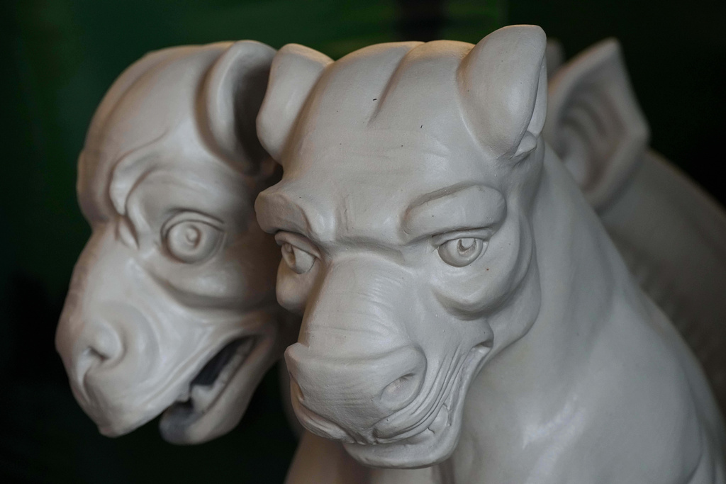 A general view of chimeras waiting to be installed on the Cathedral Basilica of the Assumption, Thursday, Jan. 8, 2026, in Covington, Kentucky. (AP Photo/Jeff Dean)