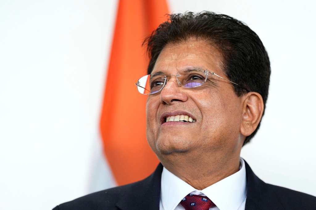 India's Minister of Commerce and Industry Piyush Goyal makes remarks with Canada's Minister of International Trade Maninder Sidhu, not shown, before a bilateral meeting in Ottawa, on Monday, May 25, 2026. (Justin Tang /The Canadian Press via AP)