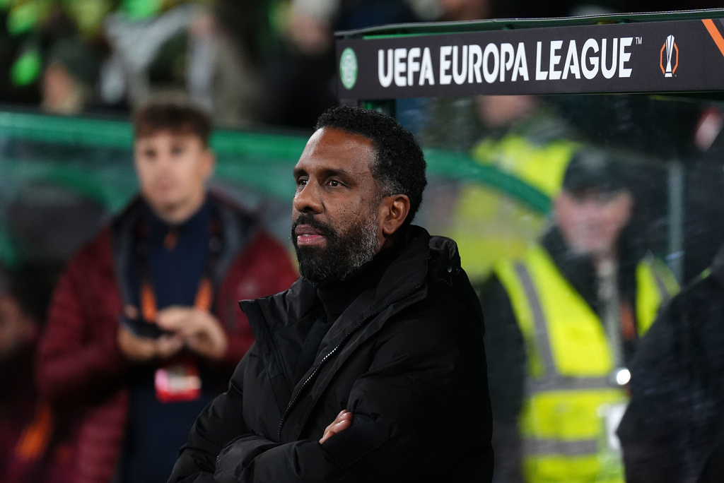 Celtic manager Wilfried Nancy watches before the Europa League soccer match between Celtic and Roma in Glasgow, Scotland, Thursday Dec. 11, 2025. (Andrew Milligan/PA via AP)