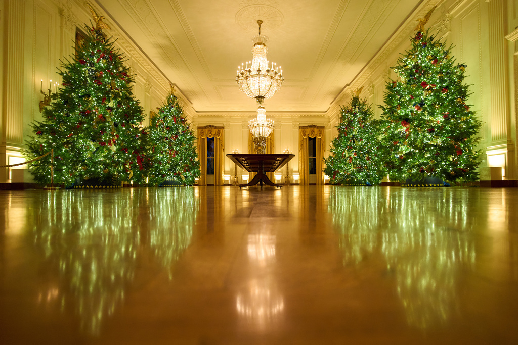 Christmas trees decorate the East Room of the White House during a press preview of the Christmas decorations "Home is Where the Heart Is," Monday, Dec. 1, 2025, in Washington. (AP Photo/Evan Vucci)