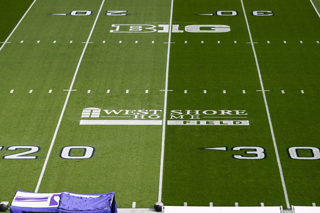 A West Shore Home logo is displayed on the field at Beaver Stadium before an NCAA college football game between Penn State and Northwestern, Saturday, Oct. 11, 2025, in State College, Pa. (AP Photo/Barry Reeger)